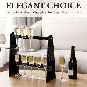 Detail of a two-tier black acrylic champagne flute holder with stable A-frame design
