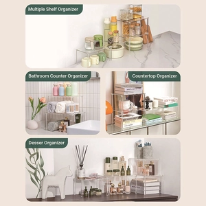 Clear acrylic tiered organizer shelf for kitchen pantry, desk, and bathroom storage