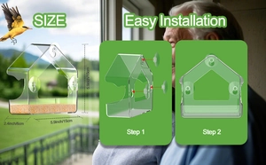 Detailed dimensions of 5.9 inch clear acrylic window bird feeder with suction cup setup