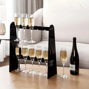 Detail of a 2-tier black acrylic champagne glass holder with hooks for party display