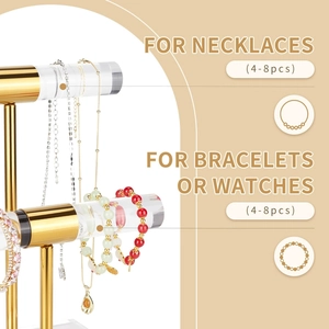 Dual-tier gold T-bar jewelry stand for displaying 4-8 necklaces and multiple bracelets