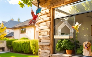 Close-up of clear acrylic window bird feeder with suction cups and seeds inside