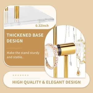 Detail of jewelry stand showing 0.32 inch thick acrylic base and gold T-bar rod