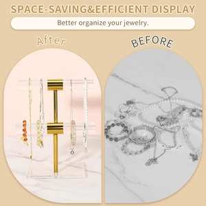 Dual-tier gold metal and acrylic jewelry stand showing organized vs messy storage effect