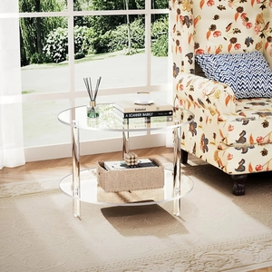Modern dual-tier round acrylic coffee table with sleek metal legs for small living rooms