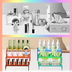 Three-tier acrylic riser stand showing organized cosmetics display before and after