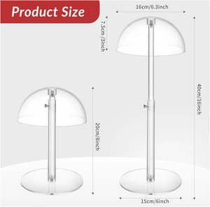 Adjustable acrylic hat display stand showing minimum 20cm and maximum 40cm height detail