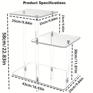 Three-tier transparent acrylic display table with dimensions and tiered step design