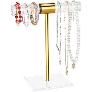 Golden stainless steel and acrylic T-bar jewelry display stand for bracelets and necklaces