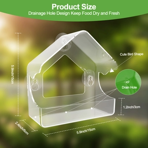 Window bird feeder in clear acrylic house shape with suction cups and drain holes