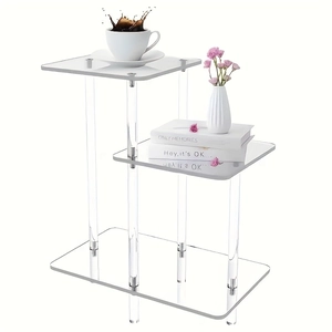Modern 3-tier clear acrylic step side table with cylindrical legs for living room decor