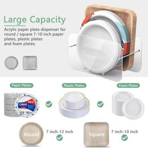 Acrylic paper plate dispenser for 7-10 inch round or square plates on kitchen counter