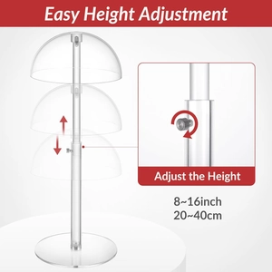 Detail view of adjustable acrylic hat stand with height scale from 8 to 16 inches