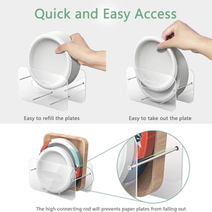 Acrylic paper plate holder with stainless steel rods for organizing round and square plates