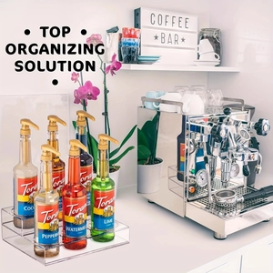 Clear acrylic tiered syrup bottle organizer for home coffee bar countertop storage
