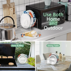 Acrylic paper plate holder showing usage in kitchen, BBQ and dining table settings