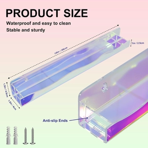Detailed view of 15-inch iridescent acrylic floating shelf with mounting screws and anti-slip ends