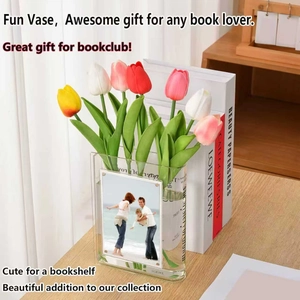 Acrylic book-shaped vase with colorful tulips and photo slot for desk decoration