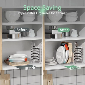 Acrylic paper plate holder showing vertical storage in cabinet to save counter space