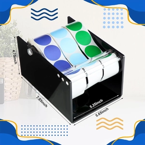 Black acrylic 3-roll label dispenser with adjustable stand and size dimensions shown