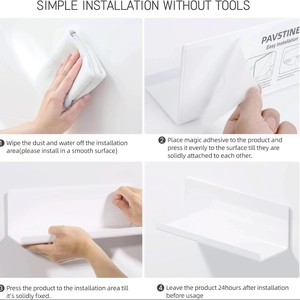 Set of 2 white acrylic floating wall shelves with drill-free adhesive installation steps
