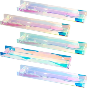 Five-piece iridescent acrylic floating shelves with colorful gradient finish for wall display