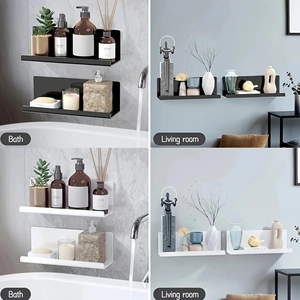 Detail of white and black acrylic floating wall shelves used in bathroom and living room