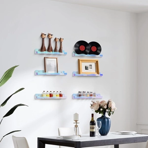 Iridescent acrylic floating shelf set of 6 with wave edge for wall display