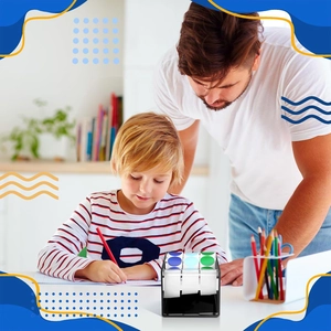 Family using black acrylic three-roll label dispenser with colorful round tags on a desk