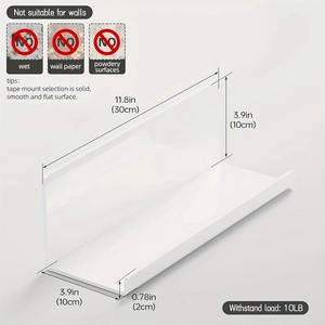 Set of 2 white acrylic floating wall shelves with dimensions and 10lbs weight capacity