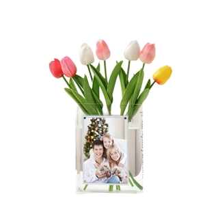 Nordic acrylic book-shaped photo frame vase with colorful tulips for home decor