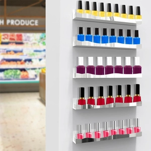 Detail of 6-tier floating gold mirror nail polish wall racks for cosmetic organization
