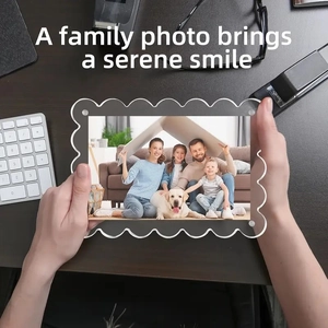 Handheld wavy edge clear acrylic magnetic photo frame showcasing a warm family portrait
