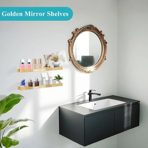 Close-up of golden wave-edge floating shelves for cosmetics and nail polish bottles