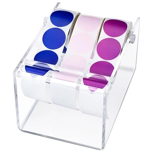Adjustable black acrylic label dispenser with three colorful sticker rolls on white background