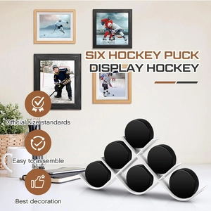Detail view of wave-design white acrylic hockey puck display stand holding six pucks
