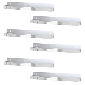 Macro view of a 6-piece silver wall-mounted storage shelf set with wave-edge metal design