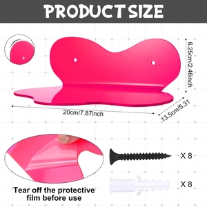 Set of 4 neon pink acrylic floating shelves with bow design and mounting hardware kit