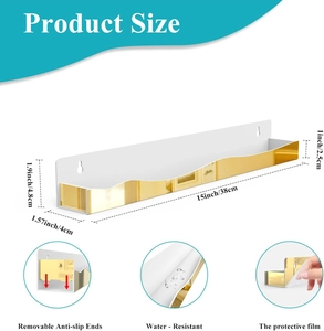 Detailed 15 inch floating wall shelf with golden mirror finish and waterproof structure