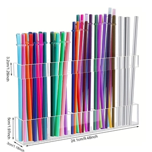 Detailed dimensions of clear acrylic straw holder with colorful straws at 24.1cm length