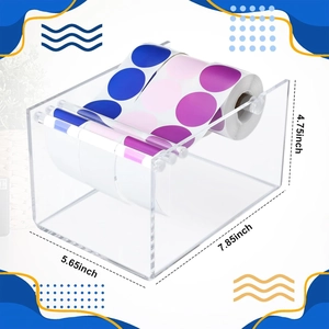 Acrylic 3-roll label dispenser showing internal structure and dimensions with labels
