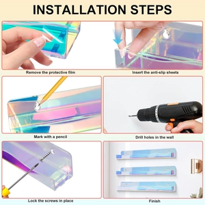Six-step installation guide for rainbow acrylic floating wall shelf with hardware details