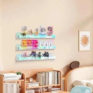 Modern floating iridescent acrylic shelf with wave edges for books and toys