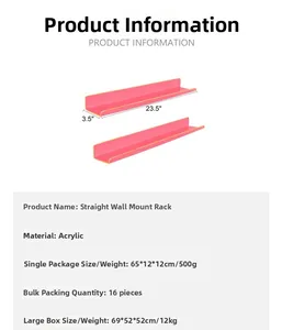 Detail view of pink acrylic floating shelves with yellow trim and size measurements