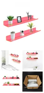 Pink acrylic floating wall shelf with gold edge finish and u-shaped design for home decor