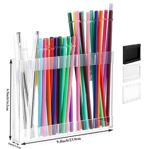 Vertical clear acrylic straw organizer showing size specs and black white color options