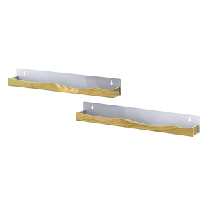 Detail of 15-inch wall mount shelf featuring wavy wood front and metal back with keyholes
