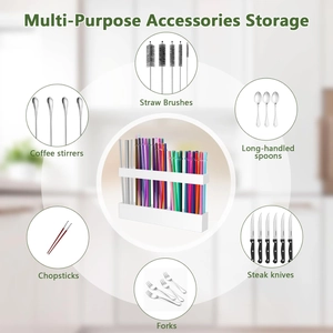 Adjustable acrylic straw holder and utensil organizer for kitchen cabinets and wall mounting