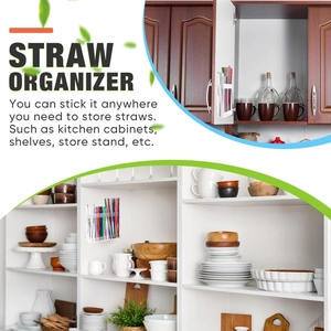 Close-up of clear acrylic straw holder with self-adhesive mounting for kitchen storage
