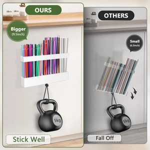 Comparison showing extra-large 9.5-inch wall storage rack with 5kg strong adhesive capacity